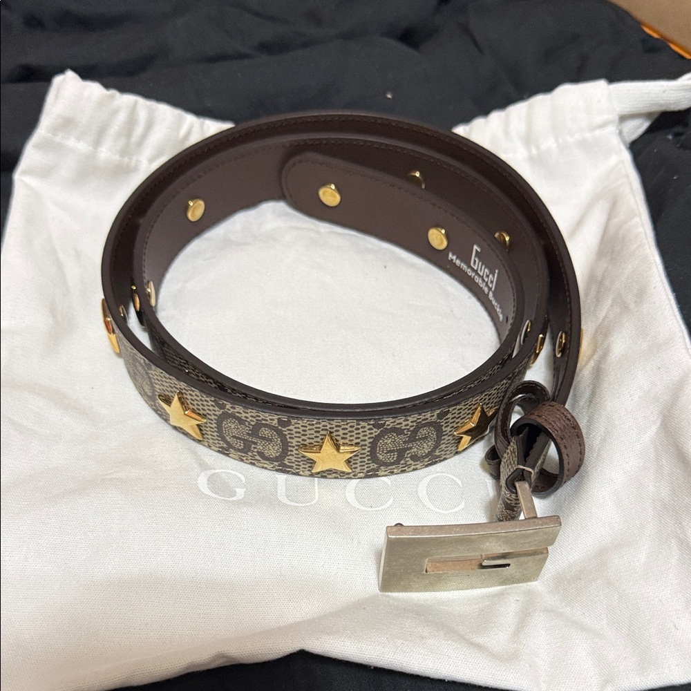 Gucci Brown and Gold Star Embellished Belt